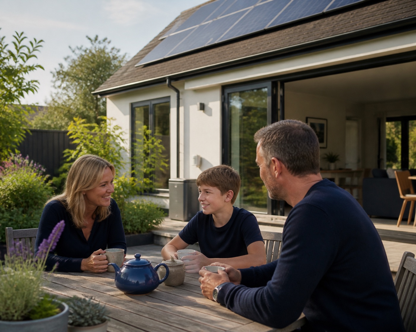 A family outside their home with rooftop solar panels
